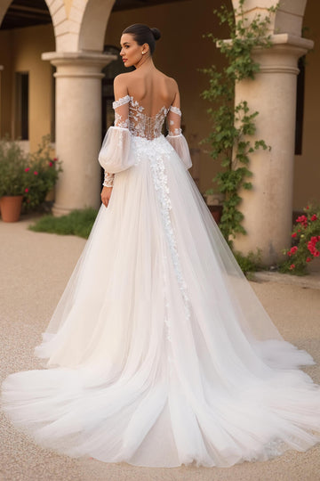 Tulle A-Line Ivory Off The Shoulder Wedding Dress With Appliques